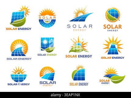 Solar energy technology icons. Blue photovoltaic panel grids with radiant orange sun, sunburst and green leaves as renewable technology symbols set. Green solar power company isolated signs Stock Vector