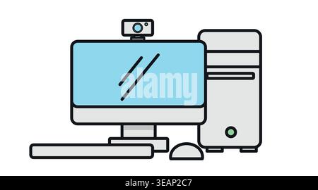 Full desktop computer setup icon: PC tower, monitor, keyboard, mouse and webcam Stock Vector