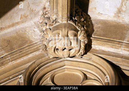 Gargoyle with its tongue sticking out, boss above a door archway lintel in Beverley Minster, East Ridings, Yorkshire, UK Stock Photo