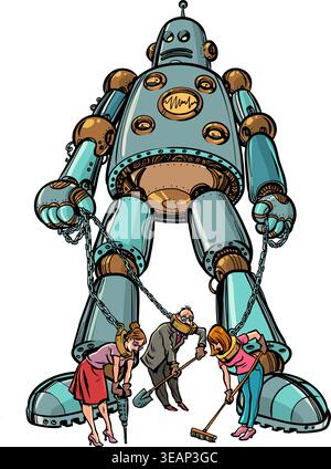 AI control over humanity. Robots keep people in chains. Jobs are being replaced by artificial intelligence. Stock Vector