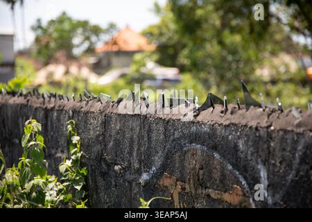 Sharp broken glass pieces embedded on top of a concrete wall as a security measure Stock Photo