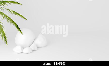 A minimalist scene with smooth stones and palm branches on a light background with free space. An elegant tropical composition for product presentatio Stock Photo