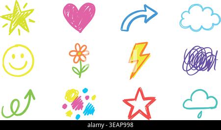 Crayon line icon pastel set.  Stock Vector
