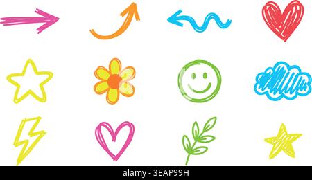 Crayon line icon pastel set.  Stock Vector