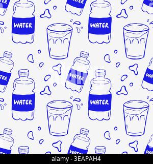 Blue sketch-style pattern shows water bottles and glasses. Dripping water splashes between bottles and glasses. Clean, refreshing theme for health, hy Stock Vector