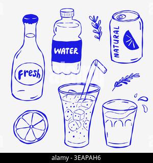 Blue line art shows various drink containers and garnishes. Includes bottle, water bottle, soda can, glasses with ice. Features lime slice and herb sp Stock Vector