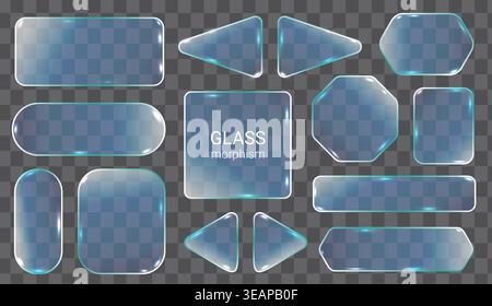 Various transparent glass shapes with blue reflections. Perfect for UI design, modern interfaces, or digital graphics. Clean, sleek, and versatile gla Stock Vector