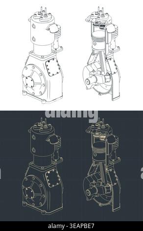 Air compressor cutaway technical drawings with internal parts stylized vector illustrations Stock Vector