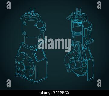 Air compressor cutaway technical drawings with internal parts stylized vector illustration Stock Vector
