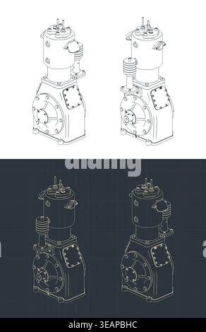 Industrial air compressor isometric technical drawings stylized vector illustrations Stock Vector