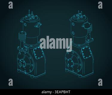 Industrial air compressor isometric blueprints stylized vector illustration Stock Vector