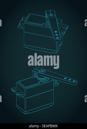 High torque servo drive for robotics and hobby projects  isometric blueprints: stylized vector illustrations Stock Vector