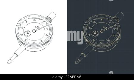 Precision diameter gauge technical isometric drawings stylized vector illustrations Stock Vector