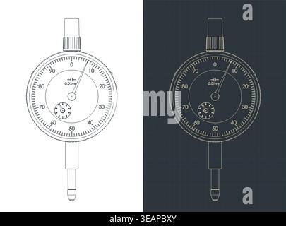 Precision diameter gauge engineering drawings stylized vector illustrations Stock Vector
