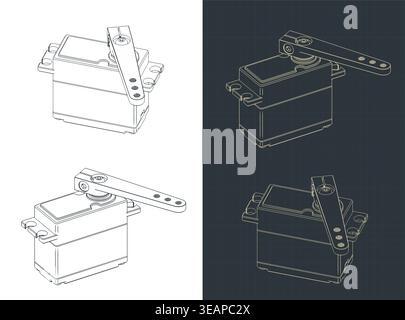 High torque servo drive isometric technical drawings for robotics and hobby projects: stylized vector illustrations Stock Vector