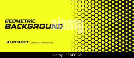 Hexagonal honeycomb green neon gradient, tech halftone background with bold rounded dynamic font for sport, race, technology. Perfect for banner Stock Vector