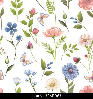 A seamless pattern featuring delicate flowers, leaves and butterflies in a soft watercolour style Stock Photo