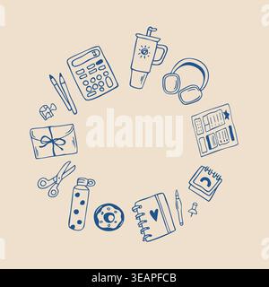 Hand drawn doodle office and study objects set in circle composition Stock Vector