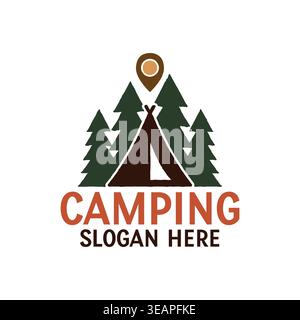 Simple camping vector illustration with a teepee tent, pine trees, and map pointer for outdoor recreation Stock Vector