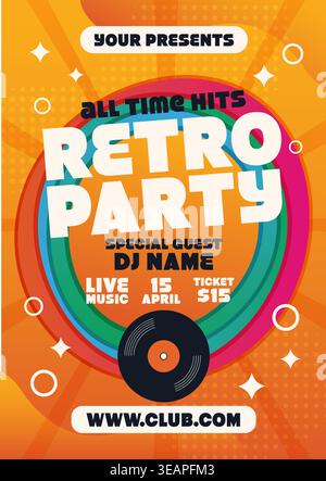Colorful retro party poster vector illustration featuring bold typography and a classic vinyl record graphic element. Stock Vector
