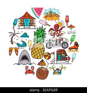 Colorful vector illustration featuring various summer holiday elements arranged in a creative and circular pattern design. Stock Vector