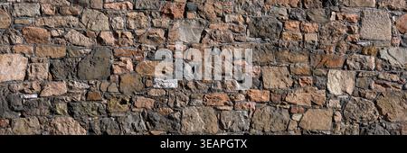 Panorama of rough granite stone wall for use as a background texture Stock Photo