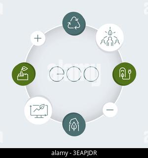 Minimal eco concept vector illustration with circular sustainability icons around eco lettering, representing recycling, renewable energy, ecology and Stock Vector
