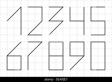 Vector illustration of geometric numeric characters designed for zip code and postal code layouts, minimalist linear numbers built on grid for address Stock Vector