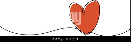 continuous line drawing of red colored heart shape, love and romance line art vector illustration Stock Vector