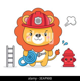 Cute Lion Firefighter Character with Water Hose, Ladder, and Fire Hydrant Vector Illustration Stock Vector
