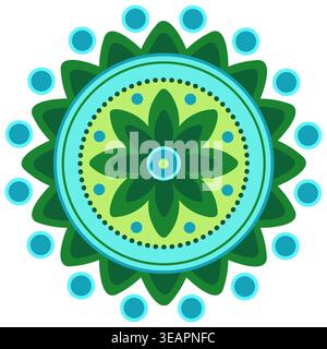 Floral round mandala. Ethnic flower design element in blue green colors. Bright, cheerful round motif for decorating dishes, home, and textiles. Stock Vector