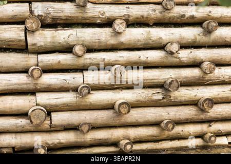 A close-up view of a rustic retaining wall constructed from horizontally stacked, weathered wooden logs. Smaller log sections are embedded perpendicul Stock Photo