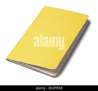 closed yellow hardcover notebook with plain blank matte cover isolated white background, stationery supply in angle view with soft shadow Stock Photo