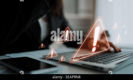 Cybersecurity alert warning showing red cyber for data breach, network threat, and cyber security system vulnerability with emphasis on security risk Stock Photo