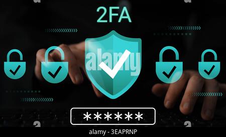 Digital Security Concept Featuring Two-Factor Authentication with Lock Icons and Hands Typing on Keyboard for Enhanced Online Protection Gluon. Stock Photo