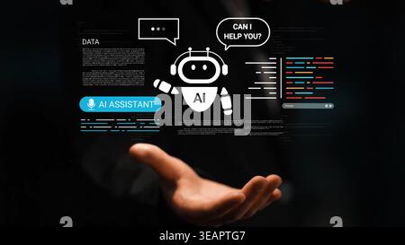 Futuristic AI Assistant Offering Help with Digital Data and Interactive Communication Through Voice and Text in a High-Tech Environment Gluon. Stock Photo