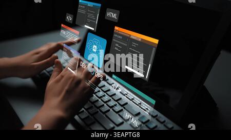 Hands typing on a keyboard with coding interfaces in a virtual environment displaying HTML, development, DevOps, and artificial intelligence concepts Stock Photo