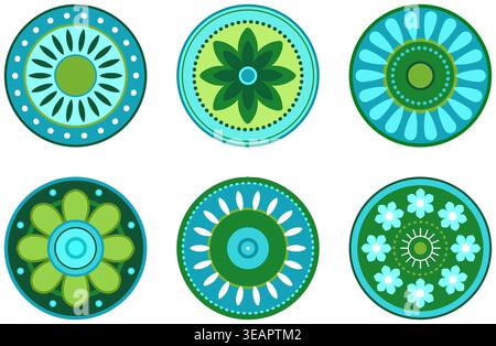 Set of colorful round floral design elements. Six ethnic style little mandalas. Isolate floral element in blue green colors on transparent background Stock Vector