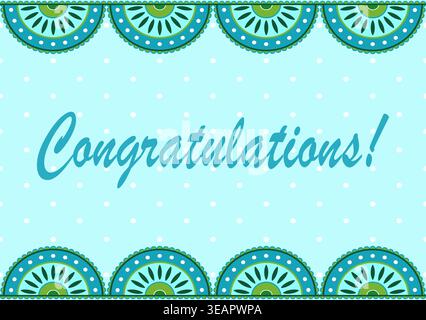 Greeting card with text and decoration on the long sides. Postcard with linear pattern in positive blue green shades. Symmetrical seamless border of h Stock Vector