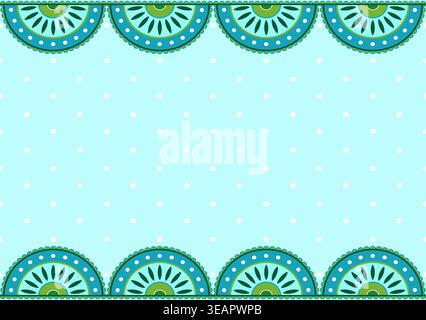 Greeting card with place for your text and decoration on the long sides. Postcard with a linear pattern in positive blue-green tones. Symmetrical seam Stock Vector
