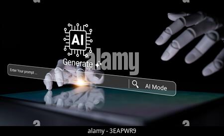 A captivating image illustrating the interaction between artificial intelligence and technology. Features robotic hands engaging with a digital Stock Photo