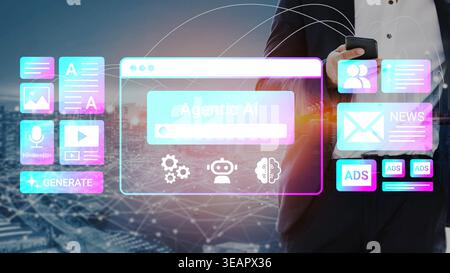 Futuristic Businessman Using Mobile Phone with Digital Interface Displaying AI, Ads, News, and Generative Tools in Urban Setting Gluon. Stock Photo