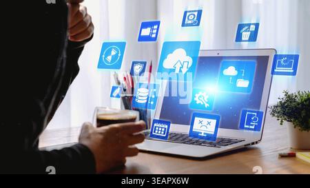 Cloud backup system connects devices through a secure data backup network. Data backup ensures protection, data backup reliability, and recovery. Gist Stock Photo