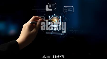 Futuristic AI chatbot with autonomous agent capabilities, AI natural language understanding, and seamless business workflow AI integration. AI for Stock Photo