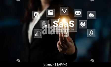 A businesswoman showcases a light bulb symbolizing ideas and innovation, surrounded by software as a service icons, reflecting modern digital Stock Photo