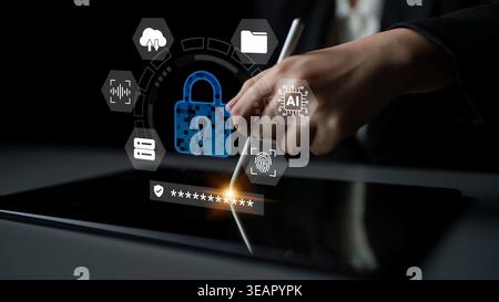 A close-up image of a hand signing a digital document on a tablet, illustrating concepts of security and technology with visual symbols related to Stock Photo