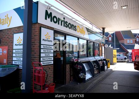 morrisons  daily kiosk shop with fuel station, bexhill-on-sea, east sussex, uk, europe Stock Photo