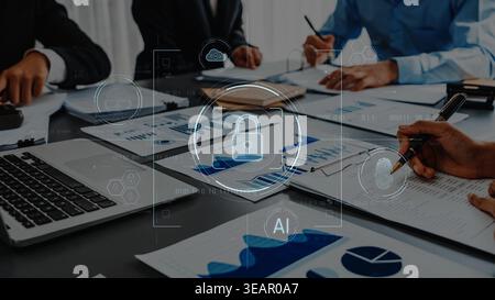 A modern office scene with professionals engaged in a meeting focused on data analytics and cybersecurity, featuring documents and technology elements Stock Photo