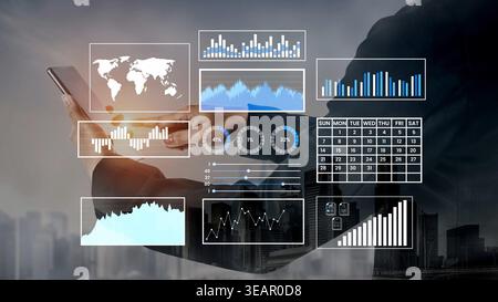 Businessman Analyzing Data on Smartphone with Modern Digital Interfaces and Graphs Overlaid in Urban Setting Gluon. Stock Photo