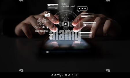 A user engages with a smartphone displaying a futuristic AI interface, showcasing digital interaction and innovative technology in communication and Stock Photo